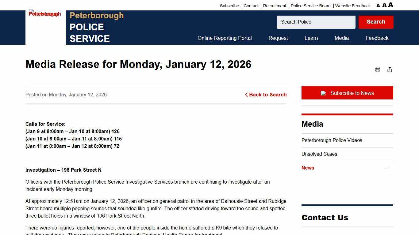 Media Release for Monday, January 12, 2026 - Peterborough Police