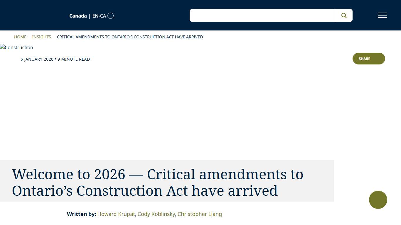 Welcome to 2026 — Critical amendments to Ontario’s Construction Act have arrived | DLA Piper